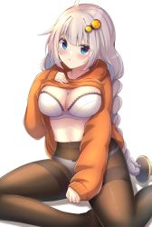 Rule 34 | 1girl, :t, ahoge, b.c, blue eyes, blush, bra, braid, breasts, brown pantyhose, cleavage, closed mouth, clothes lift, covered navel, drawstring, hand on own chest, highres, hood, hood down, hoodie, hoodie lift, kizuna akari, large breasts, lifted by self, long sleeves, looking at viewer, orange hoodie, panties, panties under pantyhose, pantyhose, pout, silver hair, simple background, sitting, sleeves past wrists, solo, star (symbol), strapless, strapless bra, thighband pantyhose, twin braids, underwear, vocaloid, voiceroid, white background, white bra, white pantyhose, yokozuwari