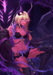 Rule 34 | 1girl, absurdres, armored boots, blonde hair, boots, breasts, cleavage, colored skin, dark magician beth, demon girl, feet out of frame, flaming eye, guardian tales, highres, horns, knee up, leg lift, long hair, looking at viewer, medium breasts, purple skin, scar, scar on chest, scar on leg, sleeveless, solo, tomatoo7, toned