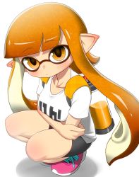 Rule 34 | 1girl, black shorts, blush, closed mouth, collarbone, crossed arms, eyebrows, female focus, from above, highres, ink tank (splatoon), inkling, inkling girl, inkling player character, long hair, looking at viewer, nintendo, orange eyes, orange hair, pero (pero7762), pink footwear, pointy ears, shadow, shirt, shoes, short sleeves, shorts, simple background, sitting, sneakers, solo, splatoon (series), suction cups, t-shirt, tentacle hair, white background, white shirt