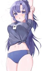 Rule 34 | 1girl, black shirt, blue archive, blue buruma, buruma, commentary request, dopushan, gym uniform, highres, id card, lanyard, long hair, looking at viewer, midriff, navel, ponytail, purple eyes, purple hair, shirt, short sleeves, simple background, solo, standing, star sticker, sticker on face, stretching, sweat, tied shirt, white background, yuuka (blue archive), yuuka (track) (blue archive)