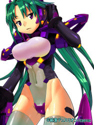 Rule 34 | 1girl, breasts, copyright name, covered navel, cowboy shot, eroe, green hair, groin, highleg, highleg leotard, junketsu duelion, lee mei ling, leotard, long hair, mecha musume, navel, official art, purple hair, shirt, simple background, skin tight, solo, taut clothes, taut shirt, thighhighs, very long hair, white background