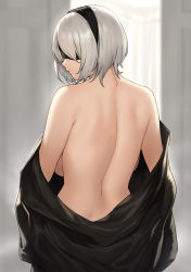 Rule 34 | 1girl, back, back focus, backboob, bare back, bare shoulders, black blindfold, black hairband, blindfold, breasts, from behind, hairband, highres, houtengeki, large breasts, nier:automata, nier (series), off shoulder, parted lips, short hair, silver hair, solo, 2b (nier:automata)