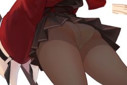 Rule 34 | 1girl, arknights, ass, ass focus, black skirt, brown pantyhose, commentary, commission, coro1130, from behind, from below, head out of frame, highres, jacket, legs, lower body, miniskirt, no tail, panties, panties under pantyhose, pantyhose, pleated skirt, red jacket, simple background, skeb commission, skirt, skyfire (arknights), solo, thighs, underwear, upskirt, white background, white panties