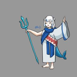 Rule 34 | 1girl, age of empires, age of empires ii, arms up, barefoot, blue hair, blue scarf, blunt bangs, dot nose, fins, fish tail, gawr gura, grey background, grey hair, grey robe, highres, holding trident, hololive, hololive english, holomyth, multicolored hair, otaku cheng, parody, polearm, robe, scarf, shark tail, sidelocks, signature, solo, standing, streaked hair, tail, trident, twitter username, two-tone hair, two side up, virtual youtuber, weapon, wololo