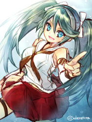 Rule 34 | &gt;:d, 10s, 1girl, :d, bare shoulders, blue eyes, breasts, detached sleeves, green hair, index finger raised, isuzu (kancolle), kantai collection, looking at viewer, neckerchief, open mouth, pleated skirt, renta (deja-vu), skirt, sleeveless, smile, solo, thighhighs, twintails, twitter username, v-shaped eyebrows