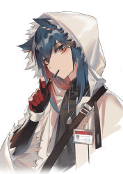 Rule 34 | 1girl, absurdres, animal ear fluff, animal ears, arknights, black shirt, blue hair, brown eyes, chinese commentary, commentary request, cropped torso, dog tags, fur trim, gloves, hand up, head tilt, highres, hood, hooded jacket, jacket, jiji (pixiv10646874), long hair, long sleeves, looking at viewer, mouth hold, multicolored hair, name tag, official alternate costume, open clothes, open jacket, red hair, shirt, simple background, solo, texas (arknights), texas (winter messenger) (arknights), upper body, white background, white jacket, wide sleeves, wolf ears