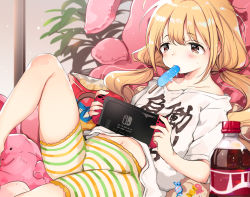 Rule 34 | 1girl, bad id, bad pixiv id, bike shorts, blonde hair, blush, brown eyes, clothes writing, cola, food, futaba anzu, idolmaster, idolmaster cinderella girls, long hair, low twintails, lying, mouth hold, navel, nintendo switch, no no yama, off shoulder, on back, playing games, popsicle, shirt, shorts, solo, striped bike shorts, striped clothes, striped shorts, stuffed animal, stuffed rabbit, stuffed toy, t-shirt, twintails, you work you lose