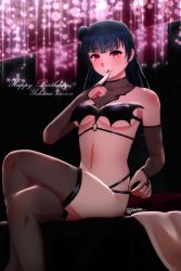 Rule 34 | 1girl, artist name, artist request, bare shoulders, bed, black nail polish, black nails, black thighhighs, blue hair, blush, breasts, cleavage, collarbone, crossed legs, female focus, finger to mouth, hair bun, highres, indoors, long hair, looking at viewer, love live!, love live! sunshine!!, medium breasts, nail, nail polish, on bed, parted lips, pink eyes, purple eyes, see-through, see-through sleeves, side bun, single hair bun, smile, solo, stomach, thighhighs, tsushima yoshiko
