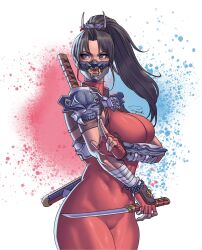 Rule 34 | 1girl, arm guards, armor, artist name, bandaged arm, bandages, black hair, bodysuit, bracelet, breasts, brown eyes, closed mouth, commentary, covered navel, fingerless gloves, gloves, hair ornament, high ponytail, highres, holding, holding weapon, jewelry, kodachi, lips, long hair, mask, medium breasts, pearl bracelet, ponytail, red bodysuit, reverse grip, sheath, shiny clothes, short sword, shoulder armor, signature, simple background, skin tight, solo, soul calibur, superbull, sword, taki (soulcalibur), weapon, weapon on back