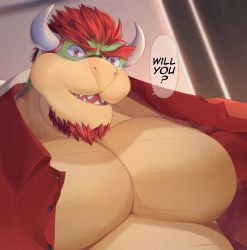 Rule 34 | 1boy, alvedo vhiich, bara, bowser, close-up, come hither, english text, facial hair, furry, furry male, glasses, highres, horns, male focus, manly, mario (series), muscular, nintendo, nipples, pectorals, red hair, short hair, smile, solo, teeth, undressing, upper body