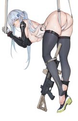 Rule 34 | 1girl, absurdres, ass, assault rifle, bent over, black thighhighs, blue hair, blush, breasts, commentary request, cross hair ornament, feet, feet up, full body, girls&#039; frontline, green eyes, gun, h&amp;k hk416, hair ornament, highres, hk416 (girls&#039; frontline), hk416 (midnight evangelion) (girls&#039; frontline), iuui, large breasts, leotard, light blue hair, long hair, looking at viewer, looking back, nipples, parted lips, resolution mismatch, rifle, shoes, single shoe, skindentation, smile, solo, source smaller, stirrup legwear, thighhighs, toeless legwear, weapon