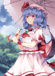 Rule 34 | 1girl, alternate hairstyle, ascot, bat wings, blue hair, blush, bow, brooch, cloud, day, dress, female focus, fingernails, hat, hat ribbon, highres, holding, jewelry, outdoors, rasahan, red eyes, remilia scarlet, ribbon, short hair, skirt, skirt set, sky, smile, solo, touhou, umbrella, wings, wrist cuffs