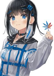 Rule 34 | 1girl, absurdres, armband, black hair, black sailor collar, blue eyes, blue nails, blue theme, blunt bangs, blush, closed mouth, collar, commentary request, grey sweater, hair ornament, hairclip, heart, heart-shaped pupils, highres, holding, holding leaf, leaf, long sleeves, looking at viewer, mashiro kta, mask, mask around one ear, mouth mask, nail polish, original, sailor collar, short hair, simple background, sleeves past wrists, smile, solo, sweater, symbol-shaped pupils, upper body, white background, x hair ornament