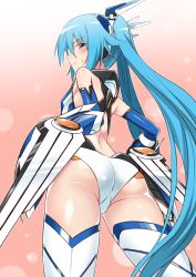 Rule 34 | 1girl, armor, ass, bare shoulders, blue eyes, blue hair, blush, elbow gloves, embarrassed, from behind, from below, frown, gloves, long hair, looking at viewer, looking back, magical girl, matching hair/eyes, mecha musume, ore twintail ni narimasu, shiny clothes, shiny skin, solo, sweatdrop, tailblue, thighhighs, tsube aika, twintails, very long hair, yuto, yuto (dialique)