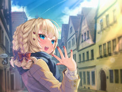 1girl, :d, akai haato, bangs, blonde hair, blue eyes, blue scarf, blush, bow, braid, brown jacket, city, cloud, commentary request, day, eyebrows visible through hair, fingernails, hair bow, hair ornament, hand up, heart, heart hair ornament, highres, hololive, jacket, long sleeves, looking at viewer, looking back, magowasabi, medium hair, nail polish, open mouth, outstretched hand, plaid, plaid scarf, red bow, red nails, scarf, signature, sky, smile, solo, teeth, twitter username, upper teeth, virtual youtuber