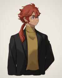 Rule 34 | 0321smith, 1girl, artist name, black jacket, blue eyes, closed mouth, cropped torso, grey background, gundam, gundam suisei no majo, highres, jacket, long hair, open clothes, open jacket, ponytail, red hair, scar, scar on face, simple background, solo, suletta mercury, sweater, thick eyebrows, turtleneck, turtleneck sweater, upper body, yellow sweater