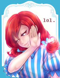 Rule 34 | 1girl, absurdres, bad id, bad pixiv id, braid, doyagao, dress, escapist howl, freckles, highres, lips, long hair, looking to the side, low twintails, puffy short sleeves, puffy sleeves, red eyes, red hair, short sleeves, smile, smug, solo, striped clothes, striped dress, twin braids, twintails, upper body, vertical-striped clothes, vertical-striped dress, wendy&#039;s, wendy (wendy&#039;s)