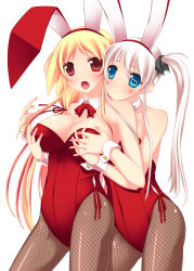 Rule 34 | 2girls, animal ears, bare shoulders, blonde hair, blue eyes, blush, bow, bowtie, breasts, cleavage, detached collar, fake animal ears, female focus, fishnet pantyhose, fishnets, from behind, grabbing, grabbing another&#039;s breast, head on another&#039;s shoulder, hug, hug from behind, large breasts, leotard, long hair, looking at viewer, low twintails, multiple girls, open mouth, original, pantyhose, playboy bunny, rabbit ears, red eyes, shy, side ponytail, simple background, smile, standing, twintails, umitsubame, white background, white hair, wrist cuffs, yuri