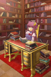 Rule 34 | 1girl, alternate hairstyle, bad id, bad pixiv id, bespectacled, book, bookshelf, desk, double bun, female focus, glasses, highres, library, long hair, no headwear, no headwear, patchouli knowledge, purple eyes, purple hair, sitting, solo, touhou, voile, yuki (popopo)