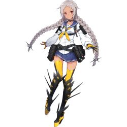 Rule 34 | 1girl, arm pouch, armored boots, artist request, badge, belt pouch, black footwear, blue sailor collar, blue skirt, boots, braid, braided ponytail, button badge, closed mouth, collar, collarbone, dress shirt, final gear, full body, grey hair, hair flaps, highres, joranda (final gear), leg up, legs apart, logo print, long hair, looking at viewer, neckerchief, official art, parted bangs, pleated skirt, pouch, red eyes, sailor collar, shirt, simple background, skirt, solo, spiked collar, spikes, standing, standing on one leg, striped collar, tachi-e, tan, third-party source, transparent background, twin braids, two-tone gloves, two-tone thighhighs, very long hair, white sleeves, yellow neckerchief