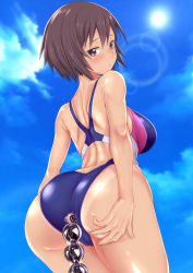 Rule 34 | 1girl, anal, anal beads, anal object insertion, anal tail, anus, ass, ass grab, azumanga daiou, bare shoulders, blue one-piece swimsuit, blue sky, blush, breasts, brown eyes, brown hair, cloud, competition swimsuit, curvy, day, fake tail, female focus, from behind, grabbing own ass, highres, huge ass, kagura (azumanga daioh), large breasts, lens flare, looking at viewer, looking back, object insertion, one-piece swimsuit, one-piece tan, open mouth, sex toy, shiny skin, short hair, shoulder blades, sky, solo, standing, sun, swimsuit, tail, tan, tanline, thighs, torn clothes, torn swimsuit, wantsupanchi!!