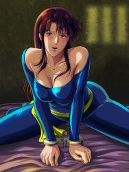 Rule 34 | 1girl, bad id, bad pixiv id, bdsm, blush, breasts, brown eyes, brown hair, cat&#039;s eye, cuffs, female focus, handcuffs, kisugi hitomi, large breasts, long hair, looking at viewer, open mouth, shueisha, solo, tamanegiinyo