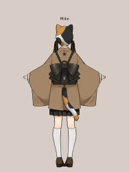 Rule 34 | 1girl, absurdres, animal ears, back bow, backpack, bag, black bow, black hair, black skirt, bow, brown coat, brown footwear, calico, cat ears, cat tail, coat, facing away, fake animal ears, fake tail, fashion, from behind, grey background, hanatsuki, hat, hat with ears, highres, kneehighs, long hair, long sleeves, miniskirt, original, outstretched arms, paw print, pleated skirt, print headwear, shoes, simple background, skirt, socks, solo, standing, tail, twintails