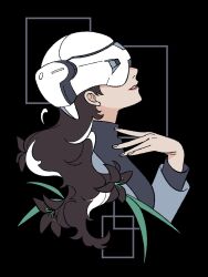 Rule 34 | 1girl, black background, black sweater, brown flower, brown hair, commentary, flower, from side, grey jacket, gundam, gundam suisei no majo, hair behind ear, hair flower, hair ornament, hand on own chest, highres, jacket, long sleeves, looking up, mask, parted lips, profile, prospera mercury, red lips, smile, solo, sweater, turtleneck, turtleneck sweater, yoshi taka (y 04taka)