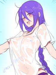 Rule 34 | 1girl, alternate breast size, alternate costume, blush, braid, breasts, eltnum, happy, large breasts, long hair, melty blood, nipples, one eye closed, panties, purple eyes, purple hair, purple panties, see-through, shirt, single braid, sion eltnam atlasia, smile, solo, sweat, sweatdrop, t-shirt, tsukihime, tusia, under night in-birth, underwear, very long hair, wet, white shirt