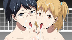 Rule 34 | 10s, 2girls, artist request, black hair, blonde hair, blue eyes, blush, breasts, brown eyes, collarbone, cum, cum in mouth, cum on body, cum on breasts, cum on hair, cum on upper body, facial, glasses, haikyuu!!, highres, large breasts, looking at viewer, multiple girls, nude, open mouth, ponytail, shimizu kiyoko, side ponytail, simple background, tongue, upper body, volleyball net, yachi hitoka