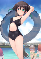 Rule 34 | 4girls, absurdres, armpits, arms behind back, arms up, black hair, black one-piece swimsuit, blush, breasts, clothing cutout, cream (nipakupa), dot mouth, feet out of frame, gradient hair, green eyes, green hair, highres, holding, holding swim ring, innertube, looking at viewer, love live!, love live! nijigasaki high school idol club, medium hair, multicolored hair, multiple girls, navel, navel cutout, one-piece swimsuit, polka dot, polka dot swimsuit, small breasts, solo focus, swim ring, swimsuit, takasaki yu, two-tone hair