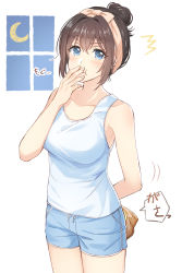 Rule 34 | 1girl, :t, ^^^, arm behind back, bare arms, bare shoulders, blue eyes, blue shorts, blush, bow, breasts, brown bow, brown hair, closed mouth, collarbone, crescent moon, eating, food, food on face, hair between eyes, hair bow, hair bun, holding, medium breasts, mono lith, moon, original, short shorts, shorts, sidelocks, single hair bun, solo, tank top, white background, white tank top, window