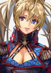 Rule 34 | 1girl, blonde hair, blue eyes, blue jacket, bradamante (fate), bradamante (second ascension) (fate), braid, breasts, cleavage, crown braid, epaulettes, fate/grand order, fate (series), hair between eyes, halterneck, hungry clicker, jacket, long hair, looking at viewer, medium breasts, multicolored clothes, multicolored jacket, parted lips, simple background, smile, solo, twintails, two-tone jacket, very long hair, white background, white jacket