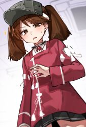 Rule 34 | 1girl, black skirt, brown eyes, brown hair, ceiling, commentary request, cowboy shot, from below, highres, japanese clothes, kantai collection, kariginu, katsuobushi (eba games), long hair, looking at viewer, magatama, pleated skirt, red shirt, ryuujou (kancolle), shirt, skirt, solo, twintails, visor cap