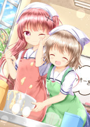 Rule 34 | 2girls, :d, ^ ^, apron, batter, blue sky, blush, brown apron, brown hair, ceiling light, closed eyes, closed mouth, cloud, cloudy sky, commentary request, day, egg, green apron, hair ornament, head scarf, highres, indoors, konomori kanon, leaning forward, long hair, mixing bowl, multiple girls, one eye closed, open mouth, puffy short sleeves, puffy sleeves, sash, school uniform, serafuku, shirt, short sleeves, sky, smile, sparkle, tanemura koyori, tears, translation request, twintails, v-shaped eyebrows, very long hair, watashi ni tenshi ga maiorita!, wavy mouth, whisk, white sash, white shirt, x hair ornament, xenon (for achieve)
