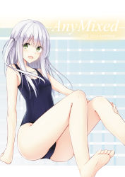 Rule 34 | 10s, 1girl, 2014, :d, absurdres, barefoot, blue one-piece swimsuit, blush, breasts, c86, clenched hand, collarbone, comiket 86, dated, feet, full body, gradient background, green eyes, hair over shoulder, hand on own knee, highres, legs, long hair, looking at viewer, one-piece swimsuit, one side up, open mouth, original, school swimsuit, scrunchie, side ponytail, sitting, small breasts, smile, soles, solo, swimsuit, text focus, toes, tsuchikure, white hair, wide hips