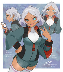 Rule 34 | 1girl, ahoge, aizaki b, asticassia school uniform, blue background, border, cellphone, commentary request, cowboy shot, cropped torso, dark-skinned female, dark skin, english text, green eyes, green jacket, green shorts, grey hair, gundam, gundam suisei no majo, hand on own hip, highres, holding, holding phone, jacket, leotard, looking at phone, looking at viewer, multiple views, open mouth, outside border, partially unzipped, phone, school uniform, secelia dote, short hair, short shorts, shorts, signature, smartphone, standing, sweatdrop, teeth, thighhighs, translation request, twitter username, upper teeth only, v, white border, white leotard, white nails, white thighhighs