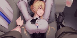 Rule 34 | 1girl, bianca (punishing: gray raven), black gloves, black skirt, blonde hair, blue bra, blue eyes, blush, bra, braid, breasts, collared shirt, colomar, couch, crown braid, dress shirt, from above, gloves, green eyes, hair between eyes, high-waist skirt, highres, large breasts, long hair, long sleeves, looking at viewer, lying, mechanical arms, nose blush, on back, one eye closed, pillow, pov, punishing: gray raven, shirt, single mechanical arm, skirt, sleeves rolled up, solo focus, unbuttoned, unbuttoned shirt, underwear, watanabe (punishing: gray raven), white shirt