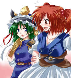 Rule 34 | 2girls, arm behind head, belt, blue eyes, blush, breasts, cleavage, collarbone, cowboy shot, dress, epaulettes, flying sweatdrops, gradient background, green hair, hair bobbles, hair ornament, hat, holding another&#039;s arm, holding own arm, layered dress, looking at another, looking at viewer, medium breasts, multiple girls, onozuka komachi, open mouth, red hair, rod of remorse, shiki eiki, short hair, simple background, skirt, skirt set, touhou, twintails, two side up, unya