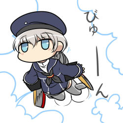 Rule 34 | 1girl, blue eyes, carillus, chibi, creator connection, hat, kantai collection, parody, personification, short hair, silver hair, sleeves past wrists, solo, strike witches, striker unit, world witches series, z1 leberecht maass (kancolle)