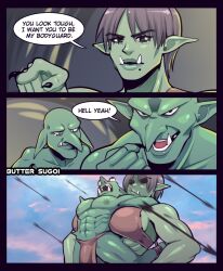 Rule 34 | 1girl, 2boys, 3koma, abs, arrow (projectile), artist name, between breasts, bikini, breasts, brown bikini, brown hair, butter sugoi, clenched hand, comic, english text, fangs, female orc, fingernails, goblin, green eyes, highres, human shield, large breasts, loincloth, mole, mole under mouth, motion blur, multiple boys, muscular, muscular female, open mouth, orc, original, pointing, pointy ears, pointy nose, sharp fingernails, size difference, sky, smile, swimsuit, tears, toned, toned male, tusks