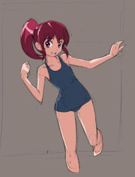 Rule 34 | 10s, 1girl, aino megumi, blue one-piece swimsuit, blue school swimsuit, brown background, happinesscharge precure!, looking at viewer, old school swimsuit, one-piece swimsuit, open mouth, ponytail, precure, red eyes, red hair, rohitsuka, school swimsuit, short hair, sketch, solo, swimsuit