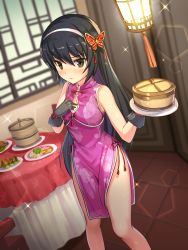 Rule 34 | 10s, 1girl, alternate costume, bamboo steamer, bare legs, black gloves, black hair, blush, brown eyes, butterfly hair ornament, china dress, chinese clothes, cleavage cutout, clothing cutout, dress, food, girls und panzer, gloves, hair ornament, hairband, highres, icomochi, long hair, looking at viewer, plate, reizei mako, side slit, sleeveless, solo, table