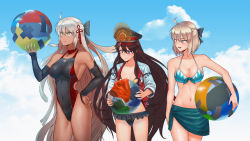 Rule 34 | 3girls, absurdres, afba, ahoge, ball, beachball, bikini, black bikini, black bow, black hair, blonde hair, bow, breasts, choker, closed mouth, competition swimsuit, covered navel, cowboy shot, dark-skinned female, dark skin, day, detached sleeves, fate/grand order, fate (series), front-tie bikini top, front-tie top, hair between eyes, hair bow, hand on own hip, highres, holding, holding ball, huge filesize, jacket, long hair, long sleeves, looking at another, looking up, medium breasts, multiple girls, navel, oda nobunaga (fate), oda nobunaga (koha-ace), oda nobunaga (swimsuit berserker) (first ascension) (fate), oda nobunaga (swimsuit berserker) (second ascension) (fate), okita souji (fate), okita souji (koha-ace), okita souji alter (fate), one-piece swimsuit, open clothes, open jacket, open mouth, outdoors, red choker, red eyes, sarong, short hair, sideboob, silver hair, sky, smirk, swimsuit, tassel, very long hair, wavy mouth, yellow eyes