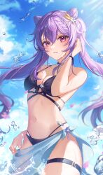 Rule 34 | 1girl, absurdres, cone hair bun, genshin impact, hair bun, highres, keqing (genshin impact), long hair, looking at viewer, outdoors, purple eyes, solo, swimsuit, twintails, youwon0417