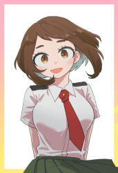 Rule 34 | absurdres, arms behind back, blouse, blush, boku no hero academia, breasts, brown eyes, brown hair, green skirt, highres, large breasts, looking at viewer, necktie, open mouth, pleated skirt, school uniform, shirt, short hair, simple background, skirt, smile, ughama, uraraka ochako, white background, white shirt, wind, wind lift