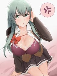 Rule 34 | 1girl, anger vein, befu, blouse, blush, bra, breasts, brown cardigan, brown skirt, cardigan, cleavage, collarbone, cum, cum on body, cum on breasts, cum on clothes, cum on upper body, green eyes, green hair, hair between eyes, hair ornament, hairclip, highres, kantai collection, large breasts, long hair, long sleeves, neck ribbon, open cardigan, open clothes, open mouth, open shirt, pleated skirt, purple bra, red ribbon, ribbon, shirt, skirt, solo, spoken anger vein, suzuya (kancolle), suzuya kai ni (kancolle), underwear, white shirt