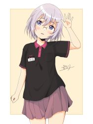 Rule 34 | 1girl, black shirt, blue eyes, blush, brown skirt, collared shirt, commentary request, glasses, hand up, highres, ikeda chitose, looking at viewer, parted lips, pilolimaru, pocket, purple hair, shirt, short hair, short sleeves, signature, skirt, solo, yuru yuri