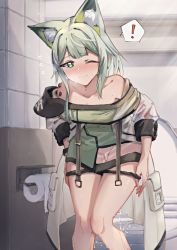 Rule 34 | !, 1girl, animal ear fluff, animal ears, arknights, bare shoulders, bathroom, black panties, blush, breasts, breath, cleavage, closed mouth, coat, collarbone, dress, embarrassed, failure, female focus, flying sweatdrops, fox ears, fox girl, green dress, green eyes, green hair, have to pee, highres, indoors, kal&#039;tsit (arknights), knees together feet apart, leaning forward, light rays, long hair, looking down, material growth, medium breasts, nose blush, off shoulder, one eye closed, open clothes, open coat, oripathy lesion (arknights), panties, panty pull, pee, peeing, pocket, pulling own clothes, rune (dualhart), see-through, see-through dress, see-through sleeves, short dress, sidelocks, solo, speech bubble, split mouth, spoken exclamation mark, standing, sweat, tile wall, tiles, toilet, toilet paper, toilet use, underwear, watch, white coat, wince, wristwatch