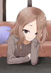 Rule 34 | 1girl, black eyes, brown hair, closed mouth, collarbone, commentary request, copyright request, grey sweater, highres, long hair, long sleeves, looking at viewer, ribbed sweater, smile, solo, sweater, upper body, yamamoto souichirou